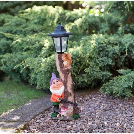 Solar Powered Gnome Light Lamp Post with Squirrel Automatic Solar Garden Sculpture Light 6-8Hr Light Output Purple Hat