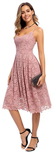 Atnlewhi Damen Vintage ärmellosen V-Ausschnitt A-Linie Kleid Blumen Knielang Spitzenkleid Brautjungfer Elegante Cocktailkleider - Rosa - XL