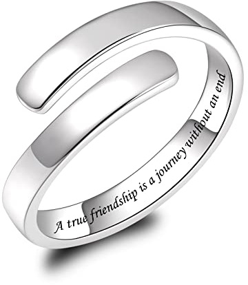 925 Sterling Silver Inspirational Jewelry Rings Adjustable Ring Personality Encouragement Gift for Teens Women (A true friendship is a journey without an end)