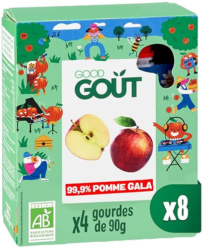 GOOD GOÛT - Gourdes Pomme Gala - Purée de Fruit Format Compote - Dès 3 Ans - 99,9% Pomme Gala - Sans Sucres Ajoutés - Fabriqué En France - 4x90g - Lot de 8