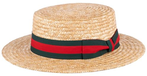 ZAKIRA Chapeau de Canotier en Paille Fait à la Main (Bande Verte - Rouge, M)