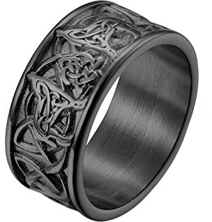 Epinki Trauringe Breit 10MM, Schwarz Bandring Herrenringe Keltisch Wolf Edelstahl Ringe Männer, Größe 60 (19.1)