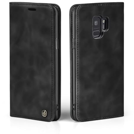 LBH Handyhülle für Samsung Galaxy S9 in Schwarz mit Karten- und Geldfach Smartphone Hülle mit Standfunktion Flip Case Schutzhülle Magnetverschluss Vintage