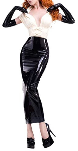 Sexy Latex Bodycon Bleistiftrock für Frauen Reißverschluss Hohe Taille PU Lackleder Lange Nahtlos Enge Glänzende Röcke, Schwarz , 52