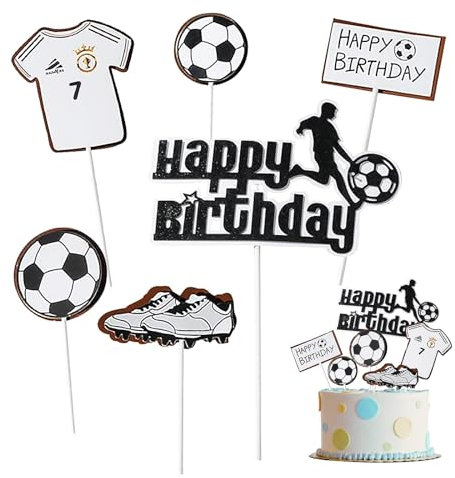 Silars Tortendeko Fussball, 6stk Papier Tortenaufleger Fussball Happy Birthday Tortendeko Cake Topper Geburtstag, Fußball Kuchen Topper für Geburtstagskuchen Dekorationen in Geburtstag Party