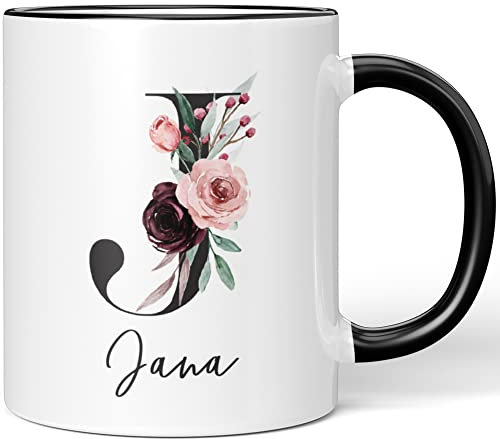 JUNIWORDS Tasse, Jana, Name Anfangsbuchstabe Initial Alphabet Floral Buchstabe J Monogramm Motiv, Schwarz (5575946)