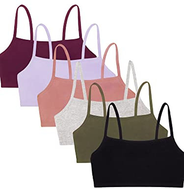 Fruit of the Loom Women's Spaghetti Strap Cotton Pullover Sports Bra Value Pack, Opaque, Black/Heather Grey/Olive/Purple/Lilac/Dusk, 36 (Pack of 6)