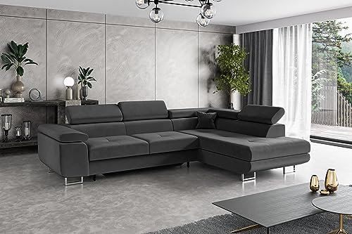 ALTDECOR Ecksofa rechts mit Schlaffunktion und Bettkasten mit Gasdruckfeder, Polstercouch in L-Form rechts angeordnet, rückenecht gepolstert, ideal als Gästebett - GUSA - 272x202 cm Dunkelgrau