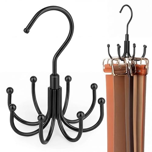 ZEDODIER Belt Organizer for Closet, Heavy-Duty Rotating Belt Hanger Rack Holds up to 24 Belts, Hanging Space Saving Metal Belt Holder for Closet Storage, Black
