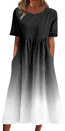 SoLu DAY8 Robes De Plage Femmes Été Petite Femmes Confortable Boho Robe À Manches Courtes O Cou Poche Robe Casual Imprimer Courte Robe À Col du Cou Robes De Printemps Robe Noire Courte