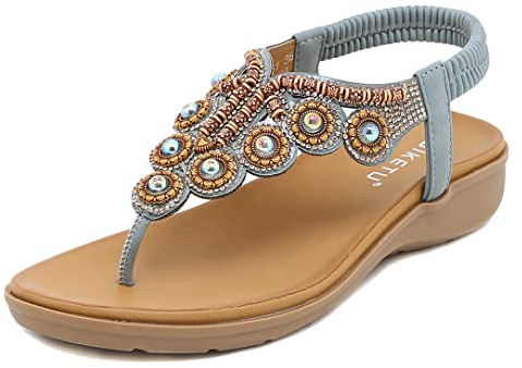 SMajong Sandali Bohemia Donna Estive Piatto Comode Infradito Strass Gioiello Moda Scarpe da Spiaggia con Elastiche Cinghia