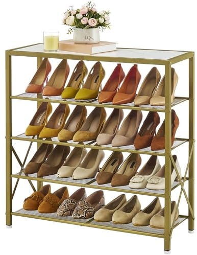 Tajsoon Schuhregal mit 5 Ebenen für 16–20 Paar Schuhe, Industrielles Metallgitter-Schuhregal für den Kleiderschrank, X-förmiger Rahmen, Weiß & Gold
