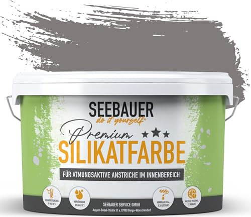 SEEBAUER diy Silikatfarbe Dunkelgrau 2,5L für Innen (No. 225 Fossil Sense) Atmungsaktive Mineralfarbe für Allergiker - Abwaschbare Wandfarbe - Grautöne hohe Deckkraft