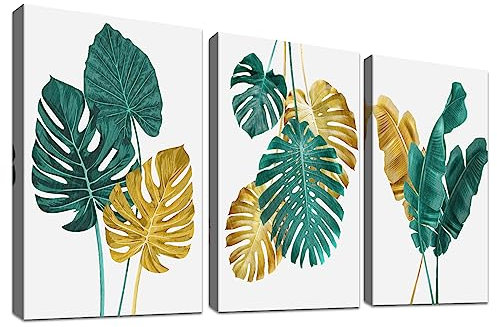 3 Panels Mit Rahmen Grüne Goldene Blätter Leinwand Bilder Tropische Monstera Palmblätter Bild auf Leinwand Malerei Wandbilder Schlafzimmer Wohnzimmer Badezimmer Wanddekoration 150x70cm (20x28x3pcs)