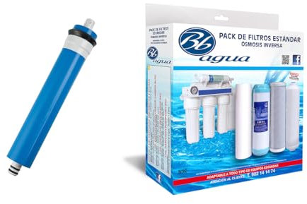 Membrana 75 GPD + Pack de 4 filtros Estandar. 1 Filtro de Sedimentos, 1 Filtro de Carbón GAC, 1 Filtro de Carbón Block y 1 Post Filtro de Coco Natural. Bbagua.