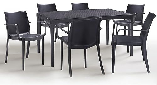 BICA - Victoria Gartenmöbel Set 6 Stühle mit Tisch Oslo in Anthrazit | Garten Sitzgruppe mit stapelbaren Stühlen | Pflegeleicht & wetterfest | Stühle mit Armlehnen für optimalen Komfort