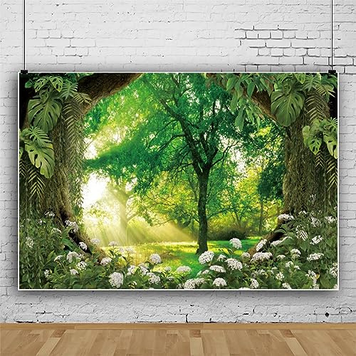 ASDCXZ Wald Fotohintergrund 2.2x1.5m, Grün Wald Dschungel Sonnenschein Weiß Blume Fotowand Hintergrund, Vinyl Fotobox Hintergrund für Person Familie Fotografie, Portrait Fotostudios Hintergründe
