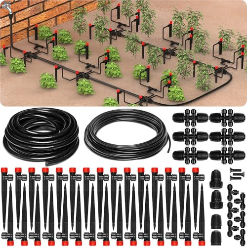 CARPATHEN Sistema de riego por goteo, sistema de riego ajustable de conexión rápida para jardines de hasta 130 pies, camas elevadas, sistema completo de riego de jardín, emisores de 1/4, tubos y