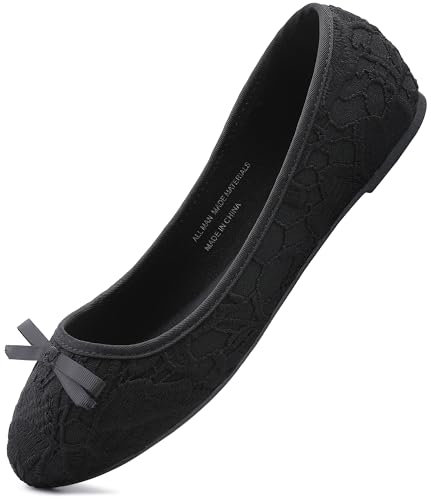 festooning Women Flat Shoes Ballet Dress Shoe Office Work Shoes Slip-on Casual Shoes for Ladies Black Size 5