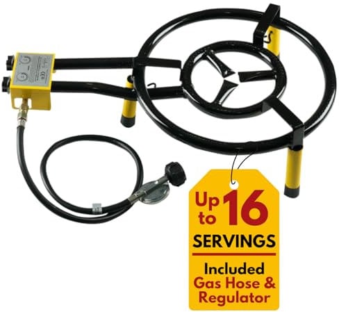 Paelluxe Paella Burner with Table Top Stand – Double Propane Gas Parrilla for Outdoor & Indoor Stove Cooking – Ideal for Chinese & Thai Wok, Camping Grill – 16 Inch, for 8 Servings