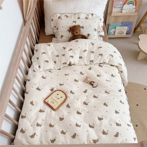 AOJIM Kids Bedding Duvet Cover 1 Piece with Little Bee and Brown Bear, Cotton Toddler 2-layer gauze Muslin Comforter Cover 47X59'', Ruffled Design Baby Duvet Protector for Girls Boys, Machine Washable