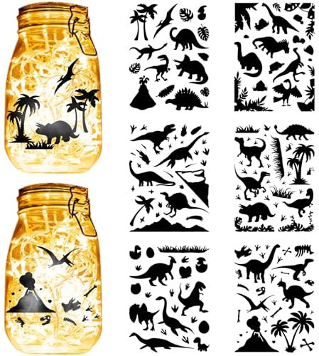 CREATCABIN 6 Sheets 6 Styles Dinosaur Mason Jar Decals Stickers Die Cuts Silhouettes Self-Adhesive PVC Waterproof for Crafts Scrapbook Lantern Jars Walls Windows Glass Phones Cup Black 7.8x5.9Inch