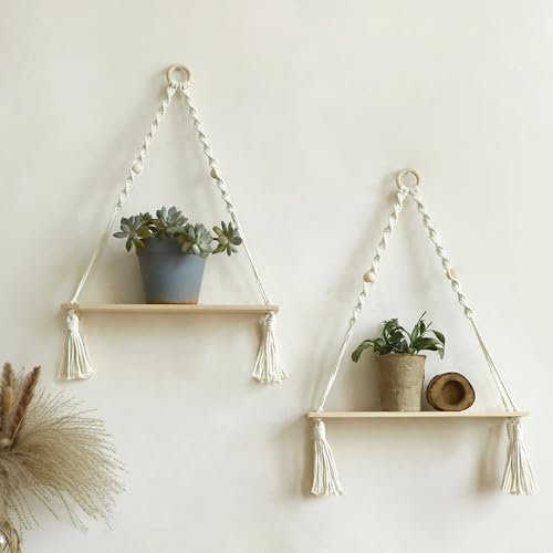 Artilady 2 Pack Wooden Wall Hanging Shelves - Boho Floating Shelves White Macrame Plant Shelf Adjustable Storage Rack Rustic Wall Decor for Bedroom Living Room Nursery