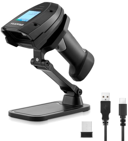 ONEWSCAN Lecteur de Codes-Barres sans Fil, lecteurs de Codes-Barres Laser 1D avec Socle, Connexion sans Fil 2,4 GHz et Connexion Filaire USB, Lecteur de Codes-Barres Portable Plug & Play avec écran