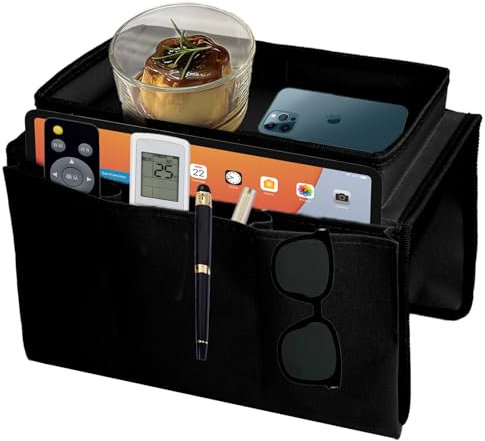 Sofa Armrest Organizer, Sofa Candy Organizer With Tray Sofa Armrest Hanging Storage Bag With Remote Control Holder For Phone Book Magazines Tv Remote Control Eyeglasses Cup Snacks Pocket (Black)