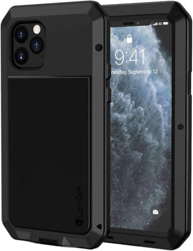 Pritify Heavy Duty Metal Case for iPhone 11 Pro Max Shockproof Tough Rugged Case with Built-in Glass Screen Protector, 360 Full Body Dustproof Protective Cover Compatible Wireless Charging | Black
