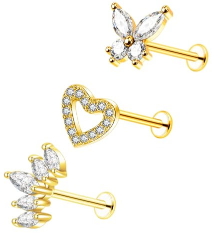 Besyvvin 3er Helix Lippenpiercing Stecker 10mm Chirurgenstahl Gold Piercing Tragus Cartilage Knorpel Stecker Schmetterling Blume