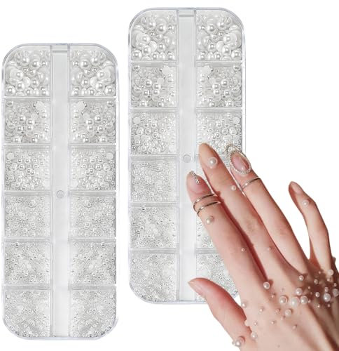 LUFFLOK 12 Größen Nail Art Perlen, Flache Perlen, Nail Art Accessoires, Halbkreis Nagelperlen, Weiße Nail Charms und Glitzersteine Nägel für Nail Art Design, DIY Basteln, Alltag, Hochzeit (2 Boxen)
