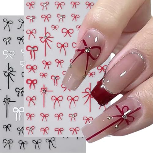 Kinretixia 4 Sheets Bow Nail Stickers, Bow 3D Nail Art Stickers Self Adhesive Black White Red Bow Cute Bow Decals for Women Girls