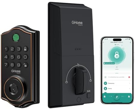 Ghome Smart Deadbolt Lock for Front Door – Fingerprint, APP, Keypad & Key Entry, Auto-Lock, Easy Install | Deadbolt Smart Lock for Home/Apartment/Hotel/Garage (Black)