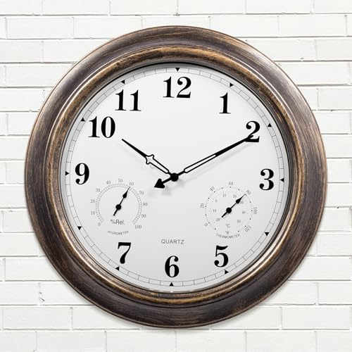 Horloges d'extérieur étanches - Grande horloge d'extérieur de 45,7 cm pour terrasse avec thermomètre et hygromètre, silencieuse à piles - Horloge murale décorative vintage pour salon, salle de bain