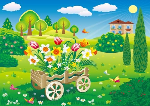 CORFOTO 2.5x1.8m Fond de Jardin d'été Dessin animé Vert Jardin Fleur Brouette Photographie Toile de Fond Printemps Campagne Scène Toiles de Fond Enfants Anniversaire Photomaton