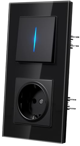 MVAVA Interruptores Conmutador con Garfio,Interruptor pared con Cristal,Basculante Con Pilotitos LED,Fácil Instalación,Conectores de Resortes,1 Gang 2 Vía con Enchufe,157mm Negro