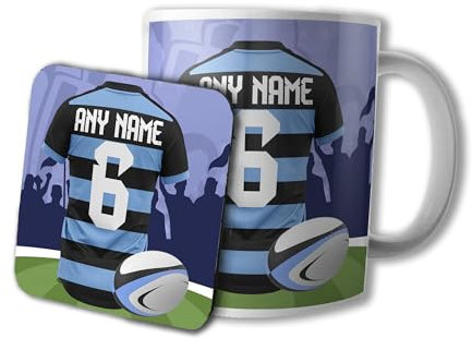 AK Giftshop Personalised Rugby Mug and Coaster Gift Set, 320ml Ceramic Cup, Sports Jersey Design with Name & Number On Shirt (Cardiff)