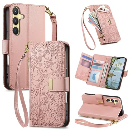 VEEMOS Handyhülle für Samsung Galaxy S24 5G Hülle Klappbar Leder Klapphülle mit Reißverschluss Kartenfächern Ständer Band Blumen Prägung Schutzhülle Damen Wallet Flip Case - Rosa