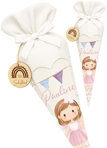 Kidsmood Schultüte personalisiert mit Namen – Hochwertiges Bastelset inkl. Rohling, Stoff & Holzschild für Einschulung 2026 mit elegantem Weiß Design – Zuckertüte Geschenk Mädchen & Jungen