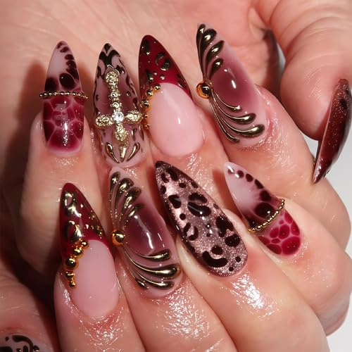 Bubaxuce 24 Stück Französische Spitze Mittlere Mandel Press On Nägel Cat's Eye Acrylnägel Press On Nagel Tipps Set 3D Glänzende Kreuzanhänger Ombre Falsche Nägel