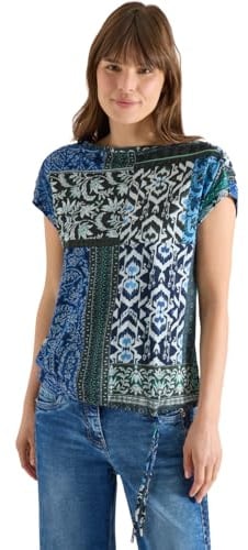 Damen Shirt mit Boat Neck und Patchwork-Print
