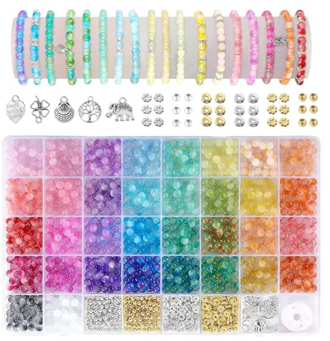 XoeLLe Perle Pour Bracelet Fabriqué En Verre 1020 Perles Comprend 34 Styles | Ensemble D'accessoires Complet Beads Polyvalent Pour Un Usage Quotidien Résistant À L'eau Et Durable Le