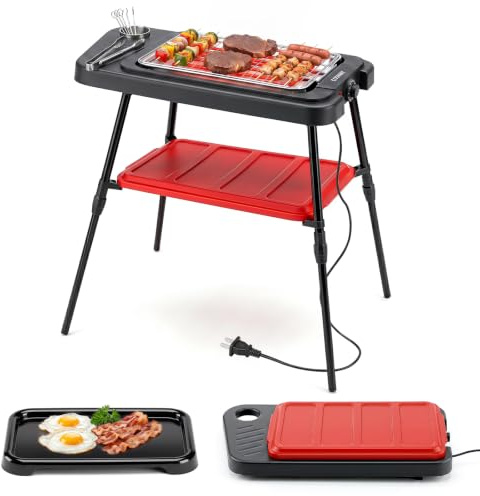COSTWAY 2 in 1 Elektrogrill 2000W bis 280 ℃, Standgrill höhenverstellbar | Balkongrill mit doppelter Grillplatte, Ablage & einstellbarer Temperaturregler, Tischgrill für Balkon & Terrasse