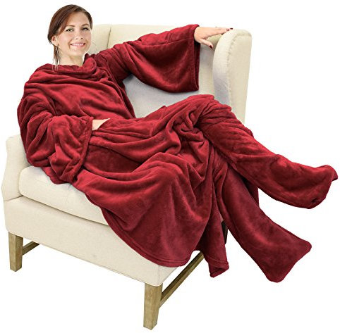 Catalogna Wearable coperta con maniche lunghe con braccia e piedi tasche per adulti donne uomini Wrap grande coperta in pile micro Robe 190,5 x 134,6 cm Wine