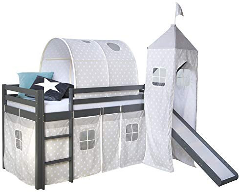 Homestyle4u 1874, Hochbett mit Rutsche Leiter für Kinder Kinderbett 90x200 Grau Holz Kiefer Vorhang Tunnel Turm Sterne Stockbett Etagenbett