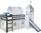 Homestyle4u 1874, Hochbett mit Rutsche Leiter für Kinder Kinderbett 90x200 Grau Holz Kiefer Vorhang Tunnel Turm Sterne Stockbett Etagenbett