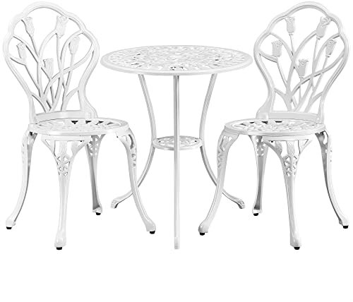 Yaheetech 3 Piece Patio Bistro Set, Garden Round Aluminum Table with 2 Chairs, Outdoor Antique Rose Vine Dining Furniture for Backyard, Porch, Balcony, Lawn, White