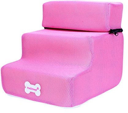 Yowablo Hundetreppe Neue atmungsaktive Mesh Faltbare Haustiertreppen abnehmbare Haustierbett Katze Hund Rampe 3 Schritte (Falte Größe:30 * 35 * 30cm,2- Rosa)