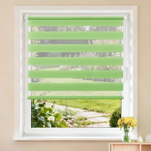Buseu Store Enrouleur Jour Nuit sans Perçage, Vert, 75 x 140 cm | Largeur du Tissu 75 cm, Rideau Translucide & Occultant, Fixation par Clips, Pour Fenêtre & Porte de Salon, Bureau, Chambre